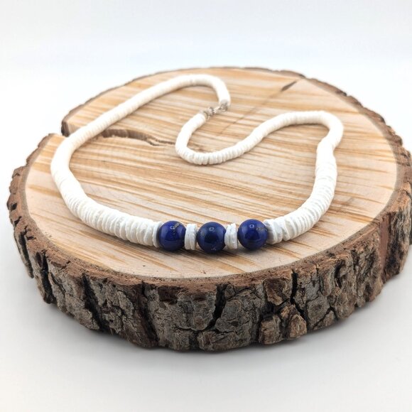 Navajo Graduated White Shell with Lapis Beaded Necklace Southwest Style **‎ - Picture 11 of 13